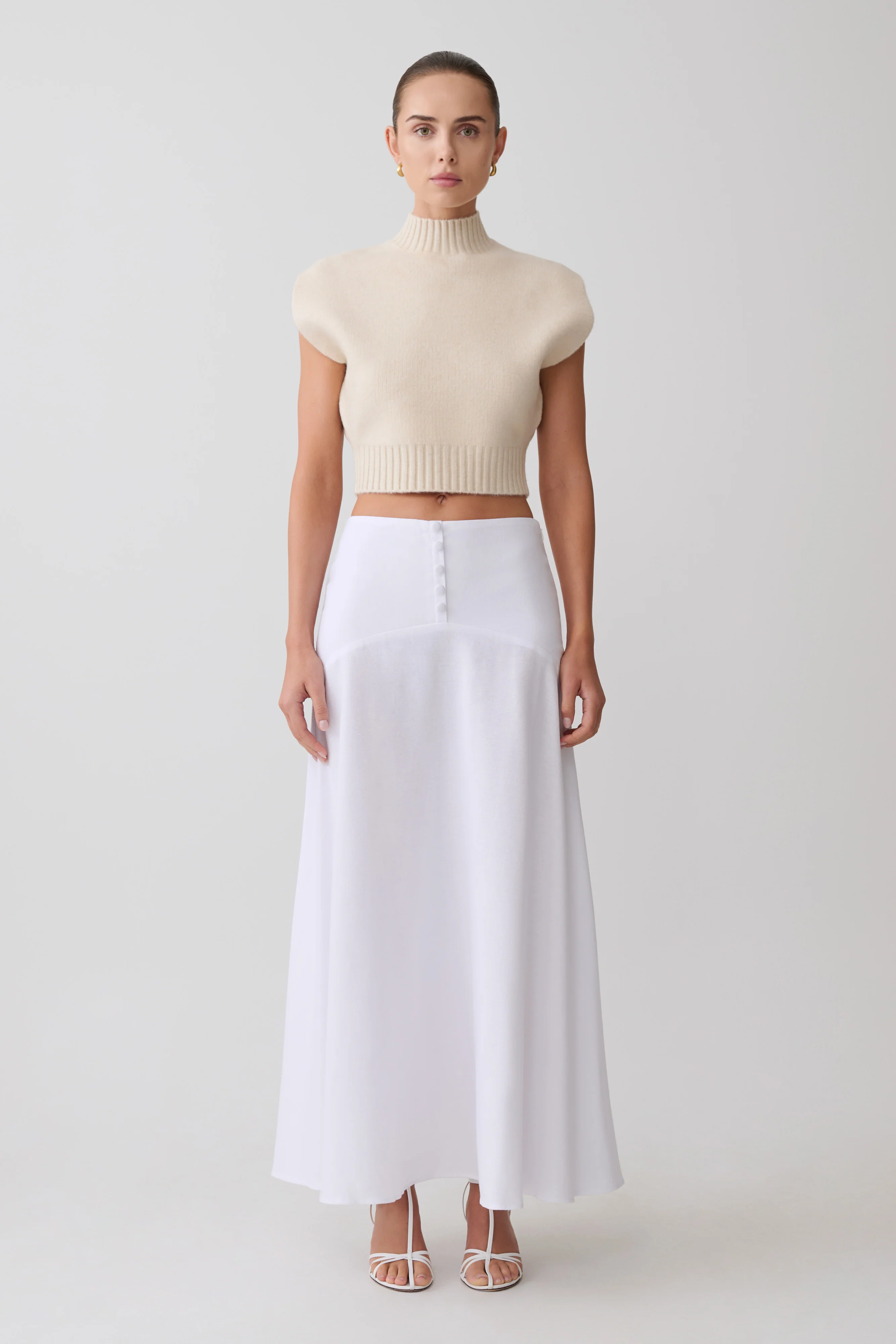 Selma Curved Waist Midi Skirt - White - Image 4