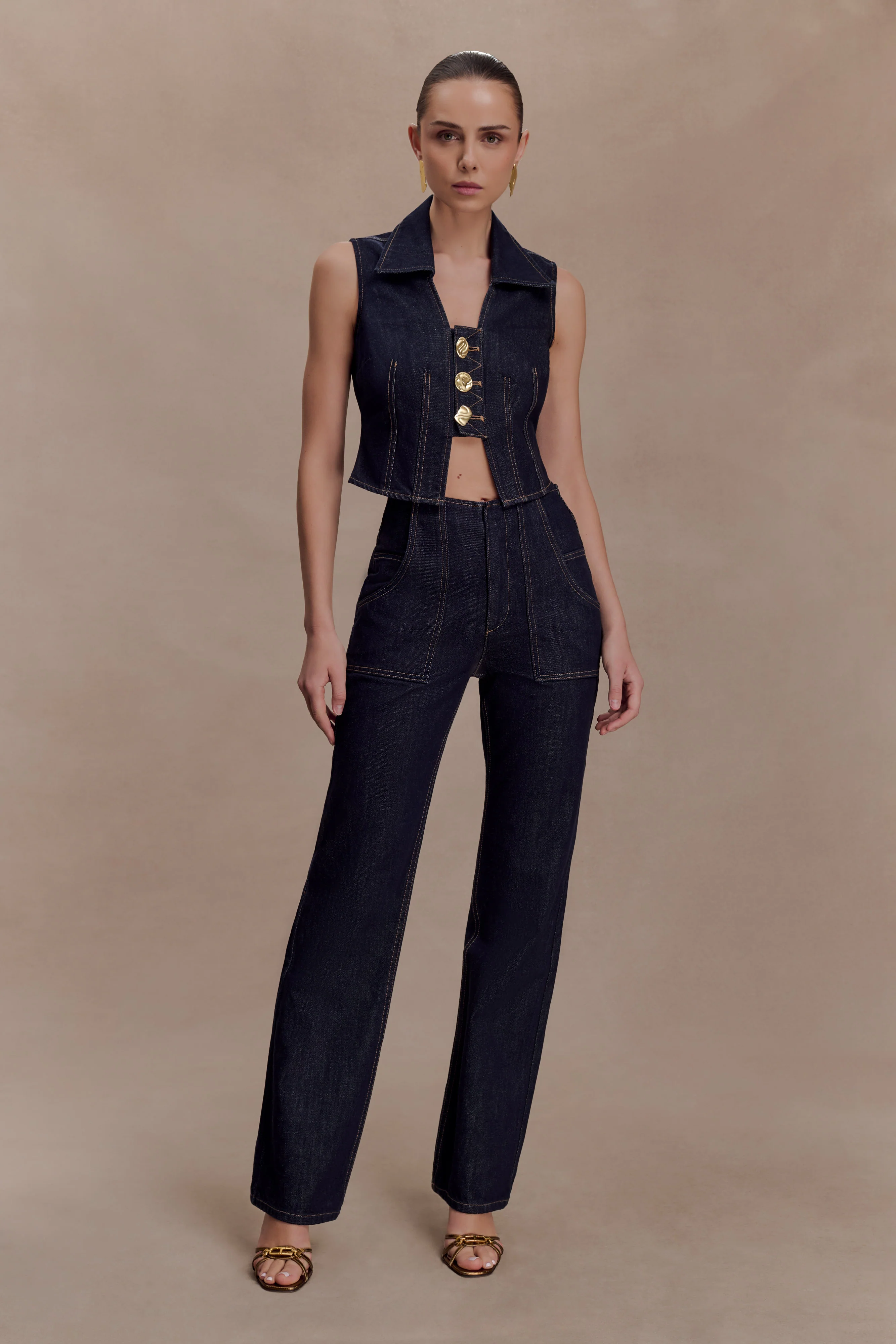 Shona Denim Vest With Decorative Buttons - Washed Indigo Blue - Image 7