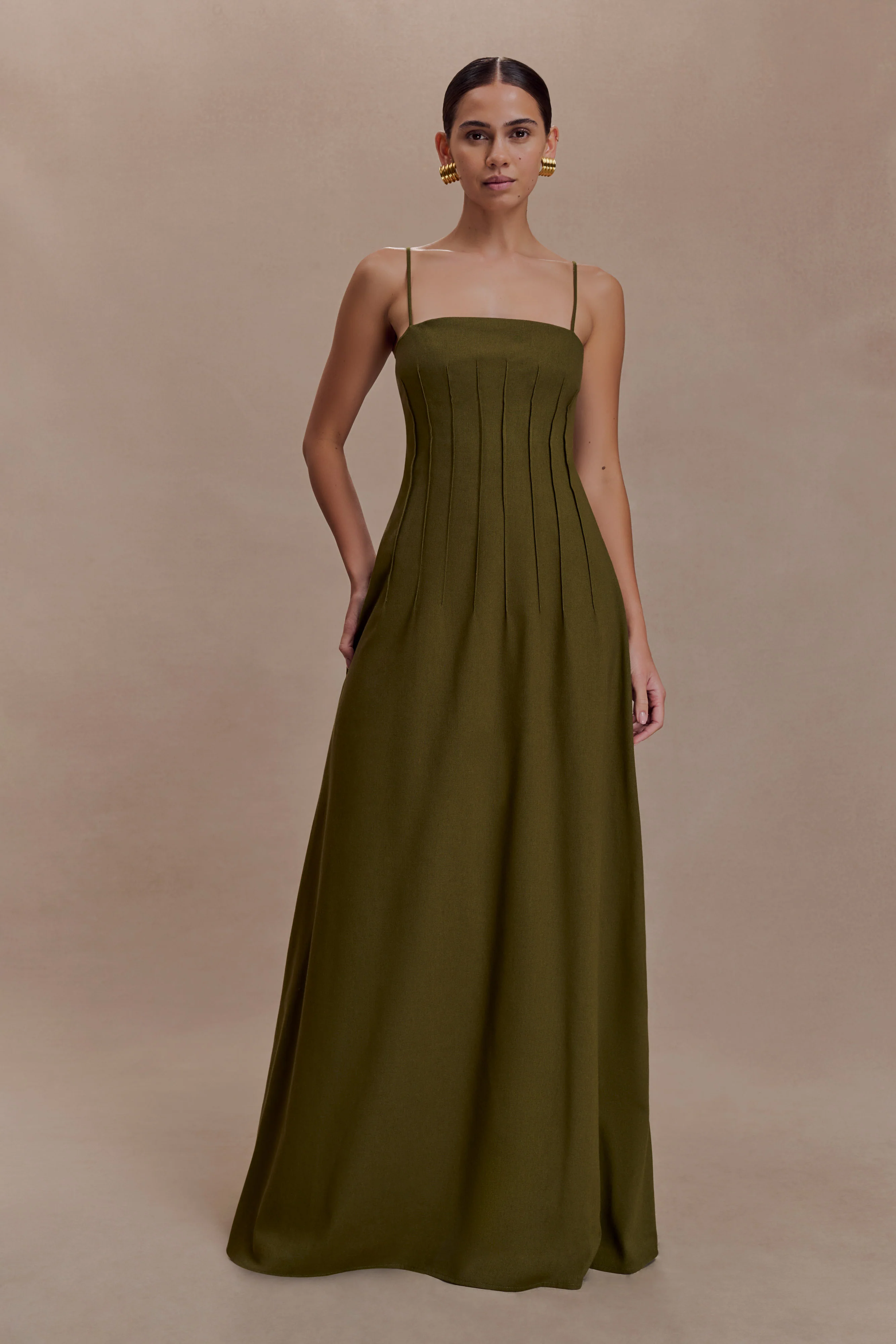 Sofie Pintuck Linen Maxi Dress - Khaki - Image 3