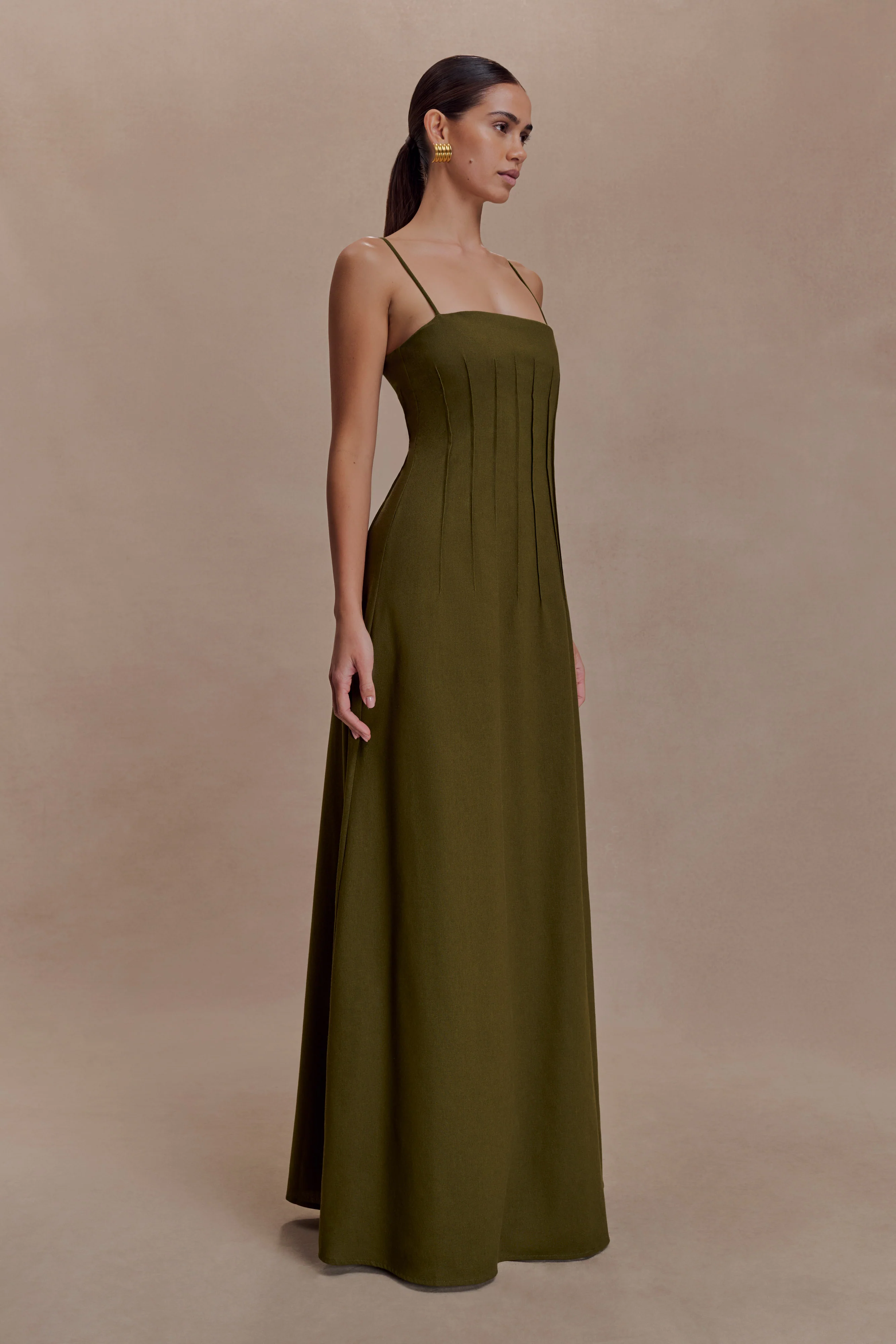 Sofie Pintuck Linen Maxi Dress - Khaki - Image 4