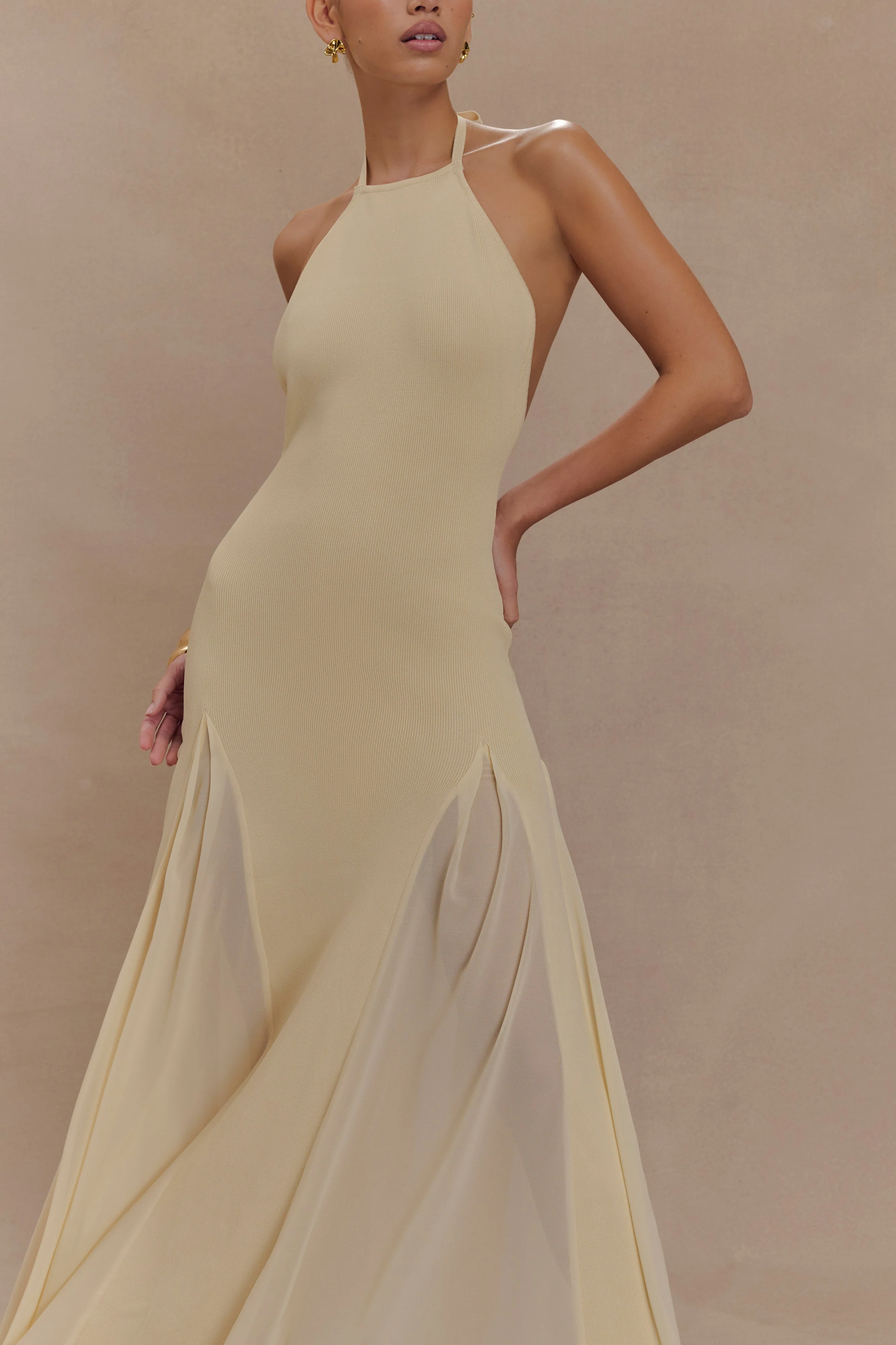 Soleil Knit And Mesh Halter Maxi Dress - Cream - Image 3
