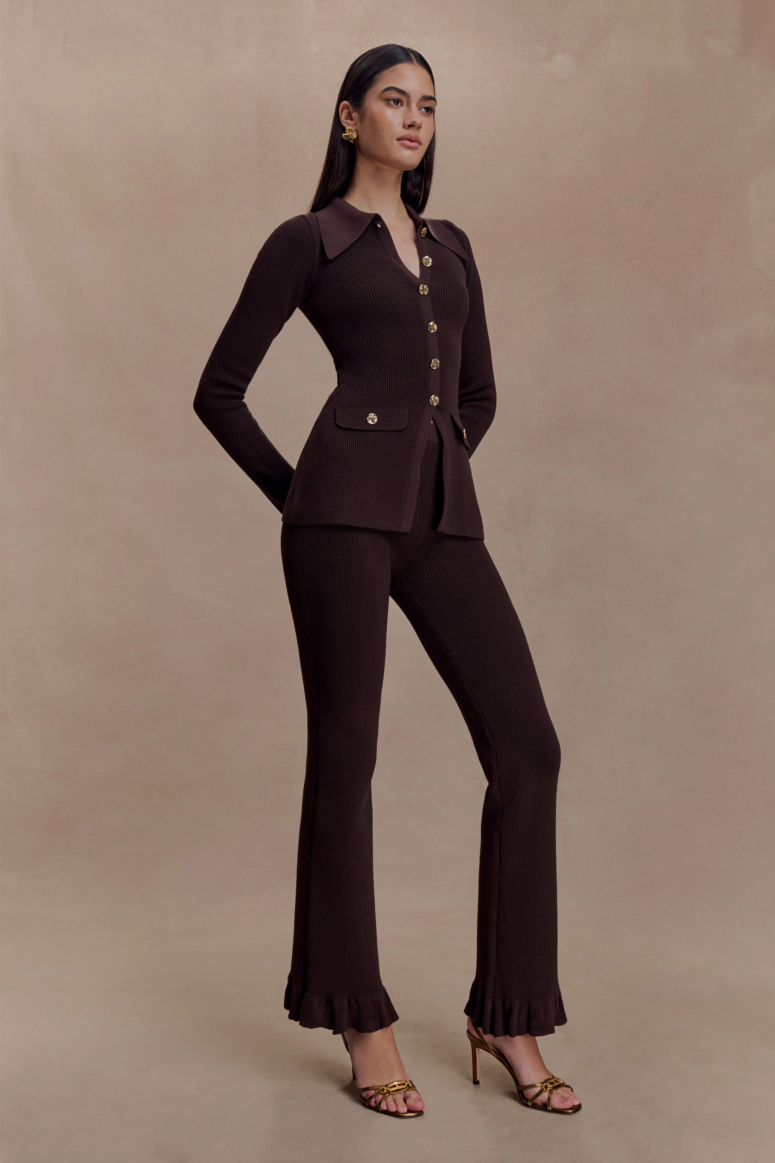 Suzie Ribbed Flared Pants - Chocolate - Image 3