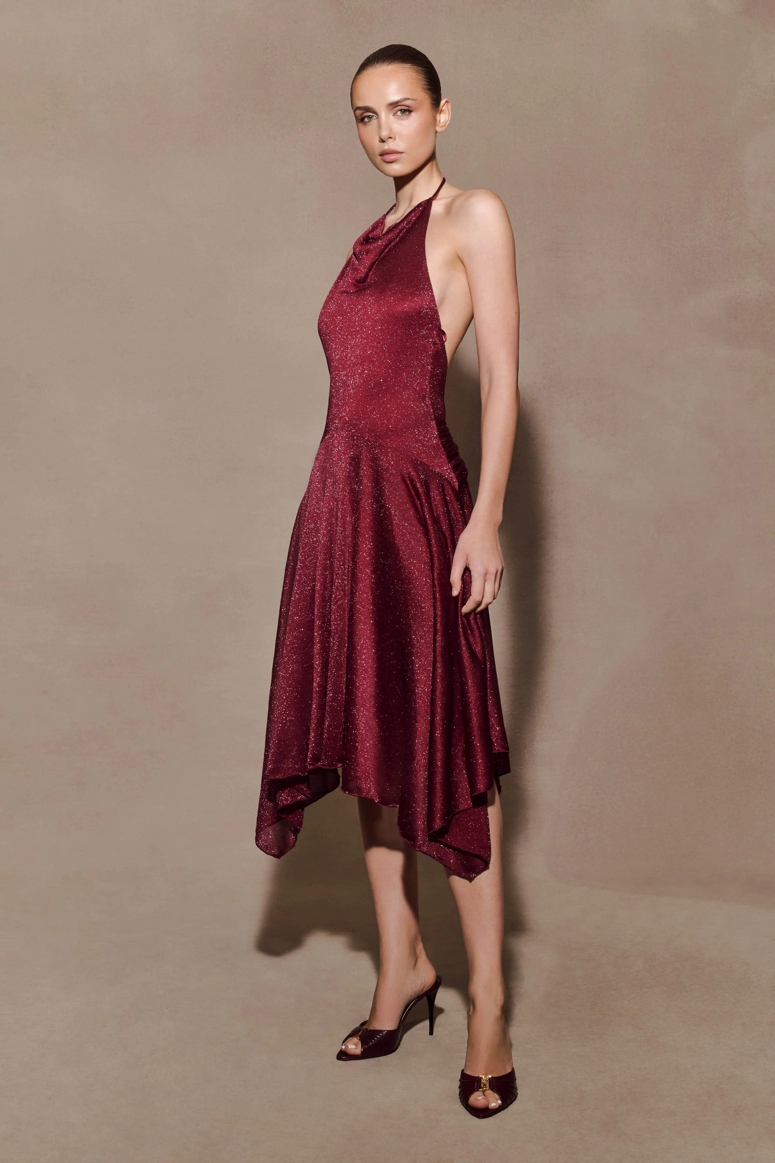 Sylvie Lurex Hankie Midi Dress - Wine - Image 5