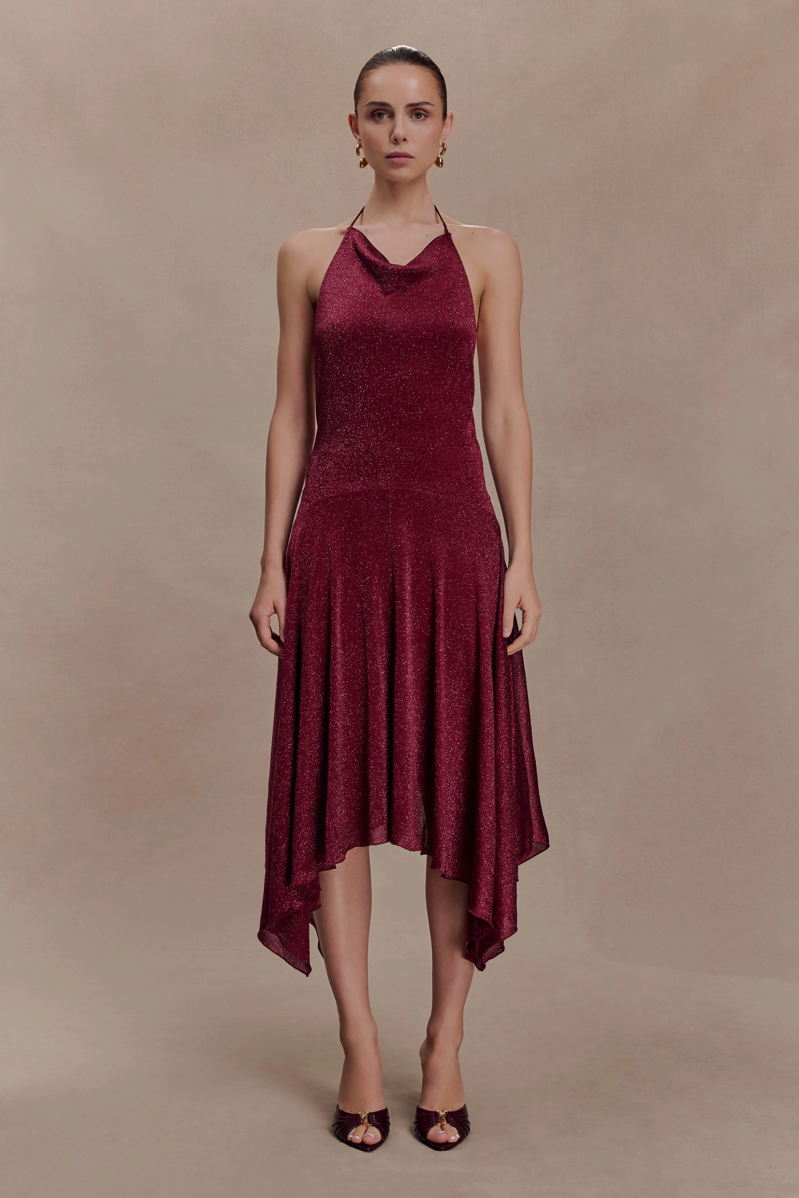 Sylvie Lurex Hankie Midi Dress - Wine - Image 6