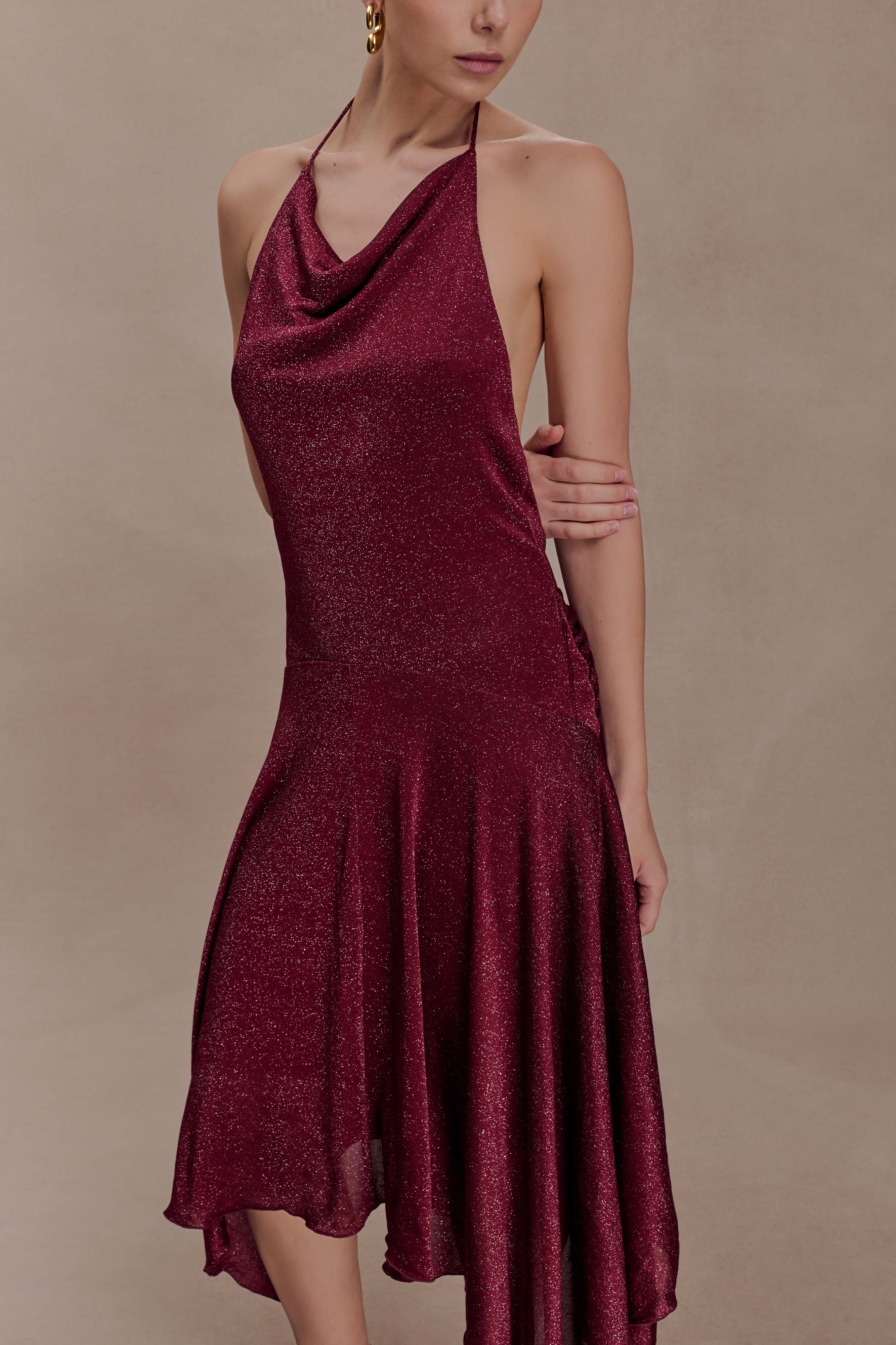 Sylvie Lurex Hankie Midi Dress - Wine - Image 7