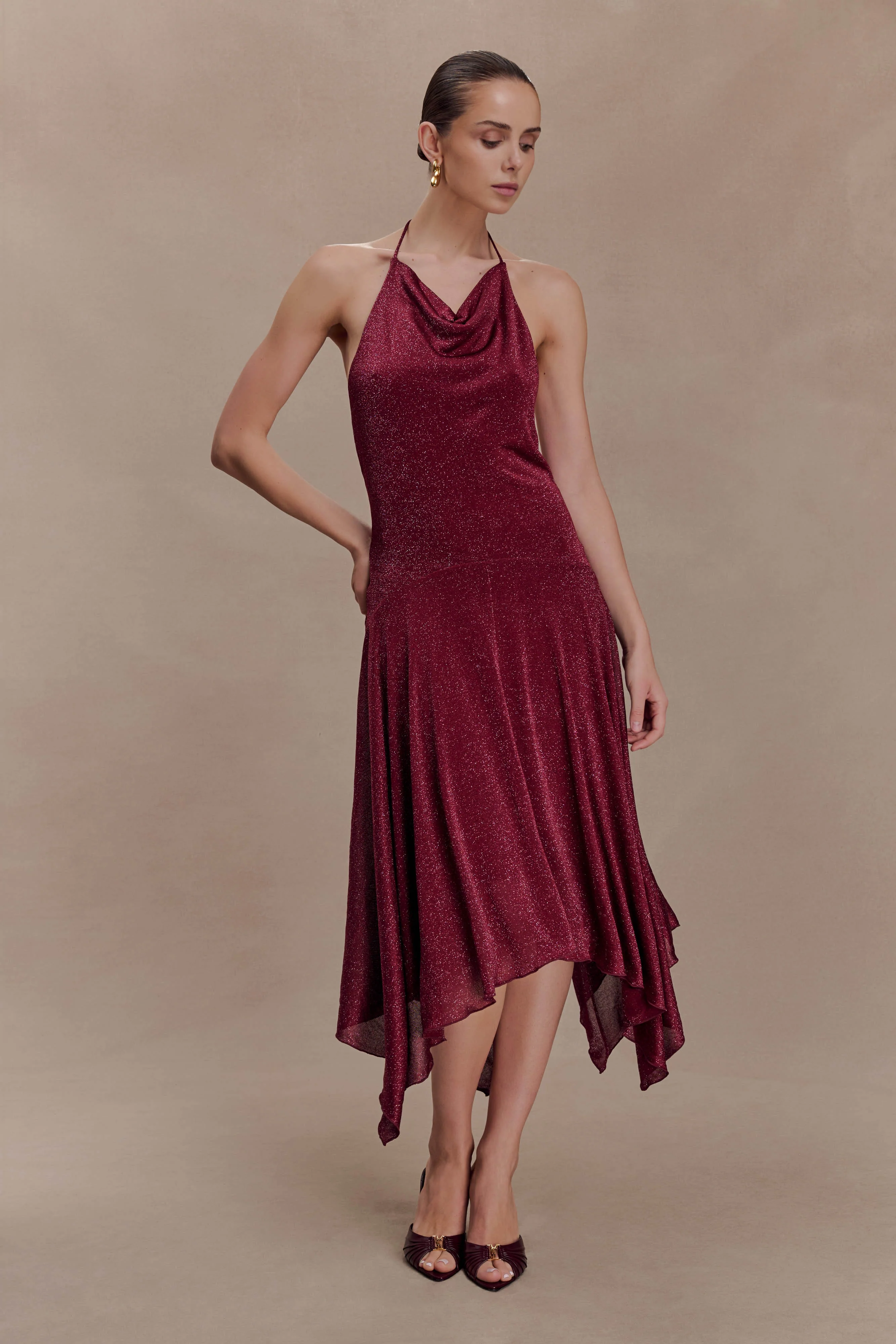 Sylvie Lurex Hankie Midi Dress - Wine - Image 8