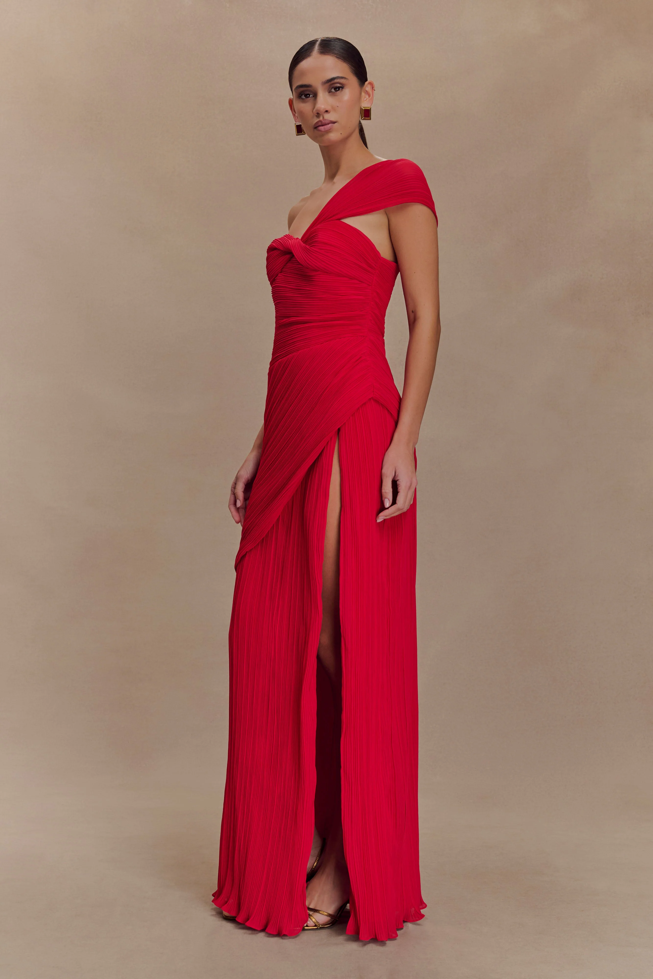 Tamara Shirred Chiffon Midi Dress - Red - Image 5