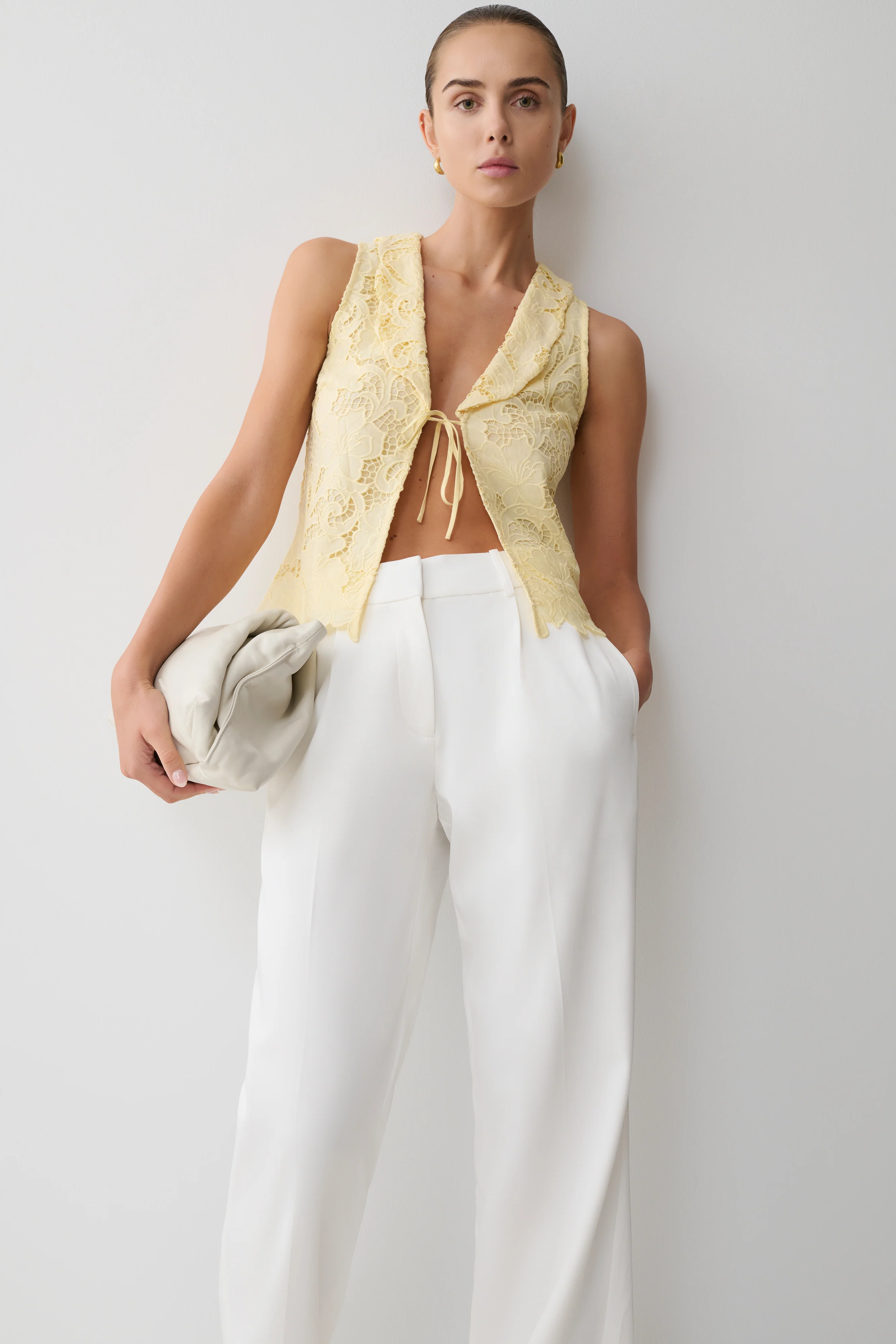 Tessa Broderie Tie Front Sleeveless Top - Lemon - Image 6