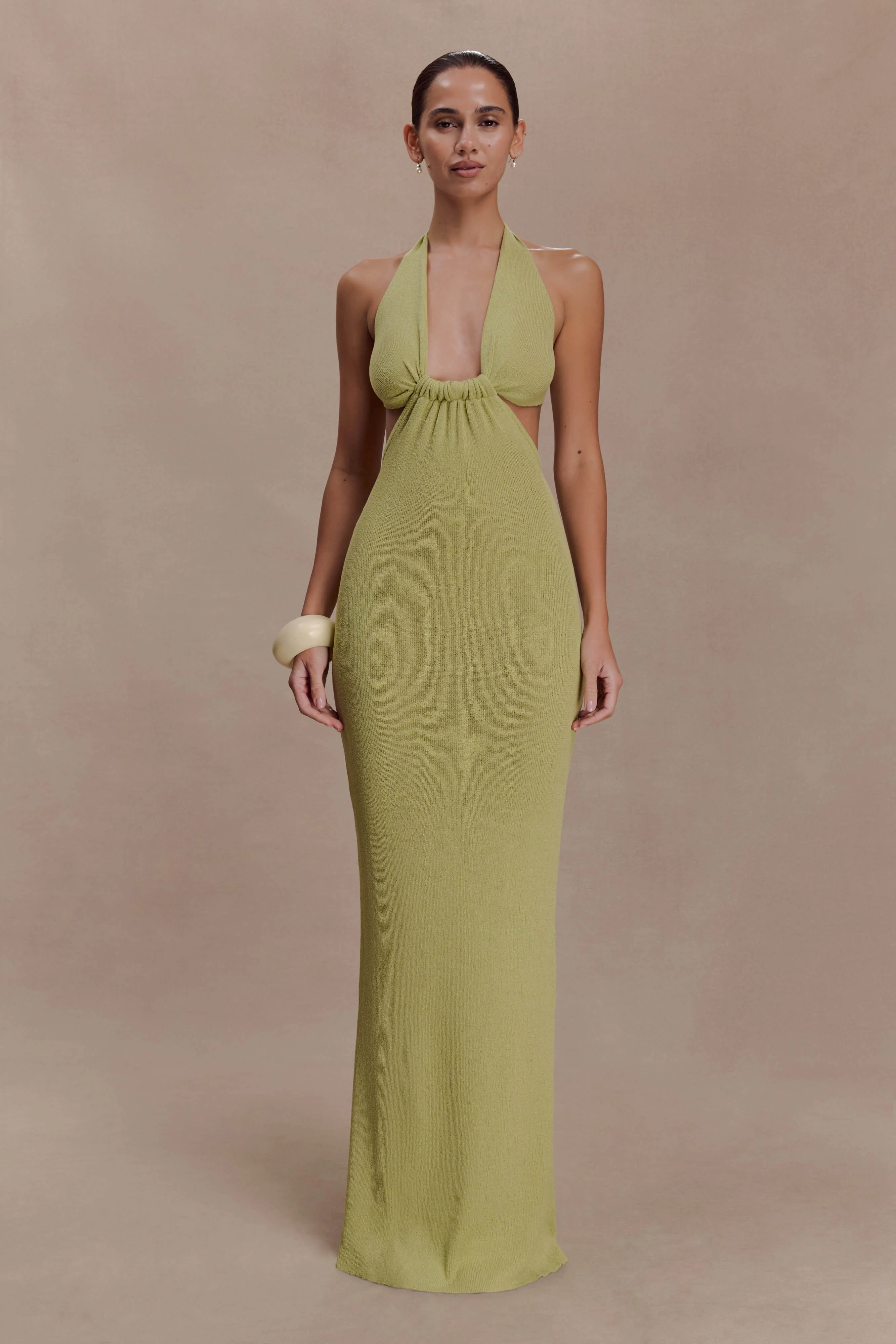 Theresea Halter Knit Maxi Dress - Light Olive - Image 4