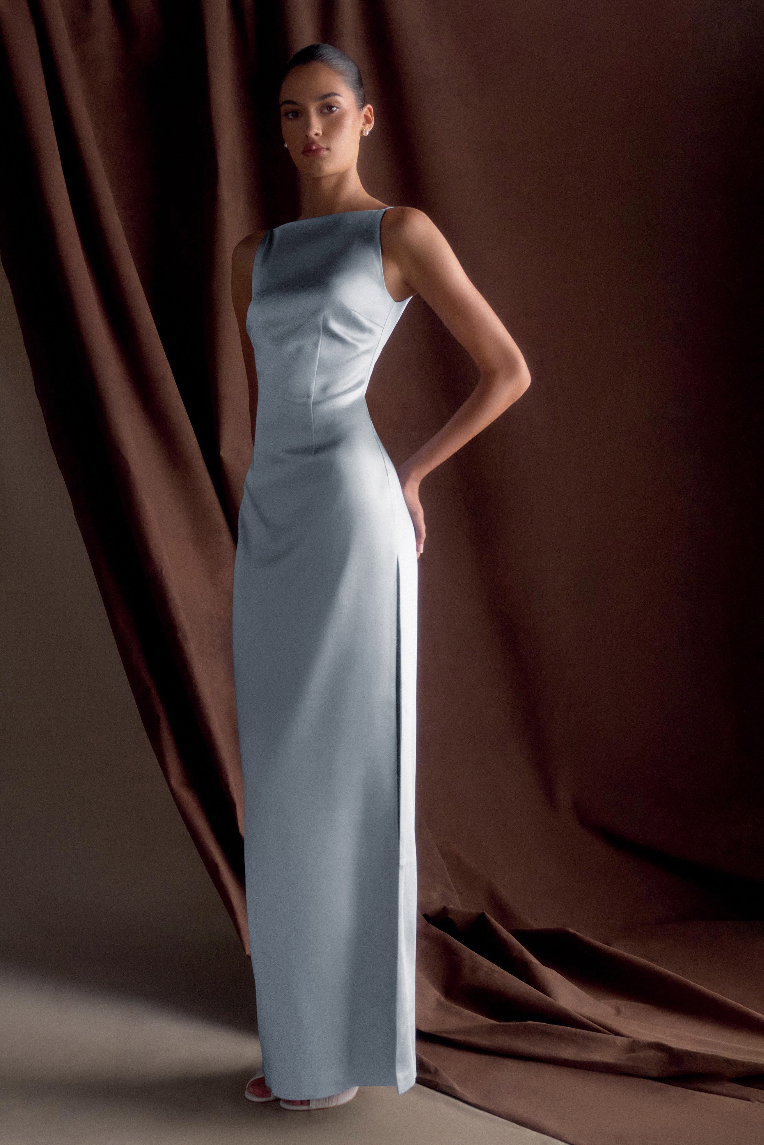 Violet Sleeveless Satin Maxi Dress - Frosted Blue - Image 9