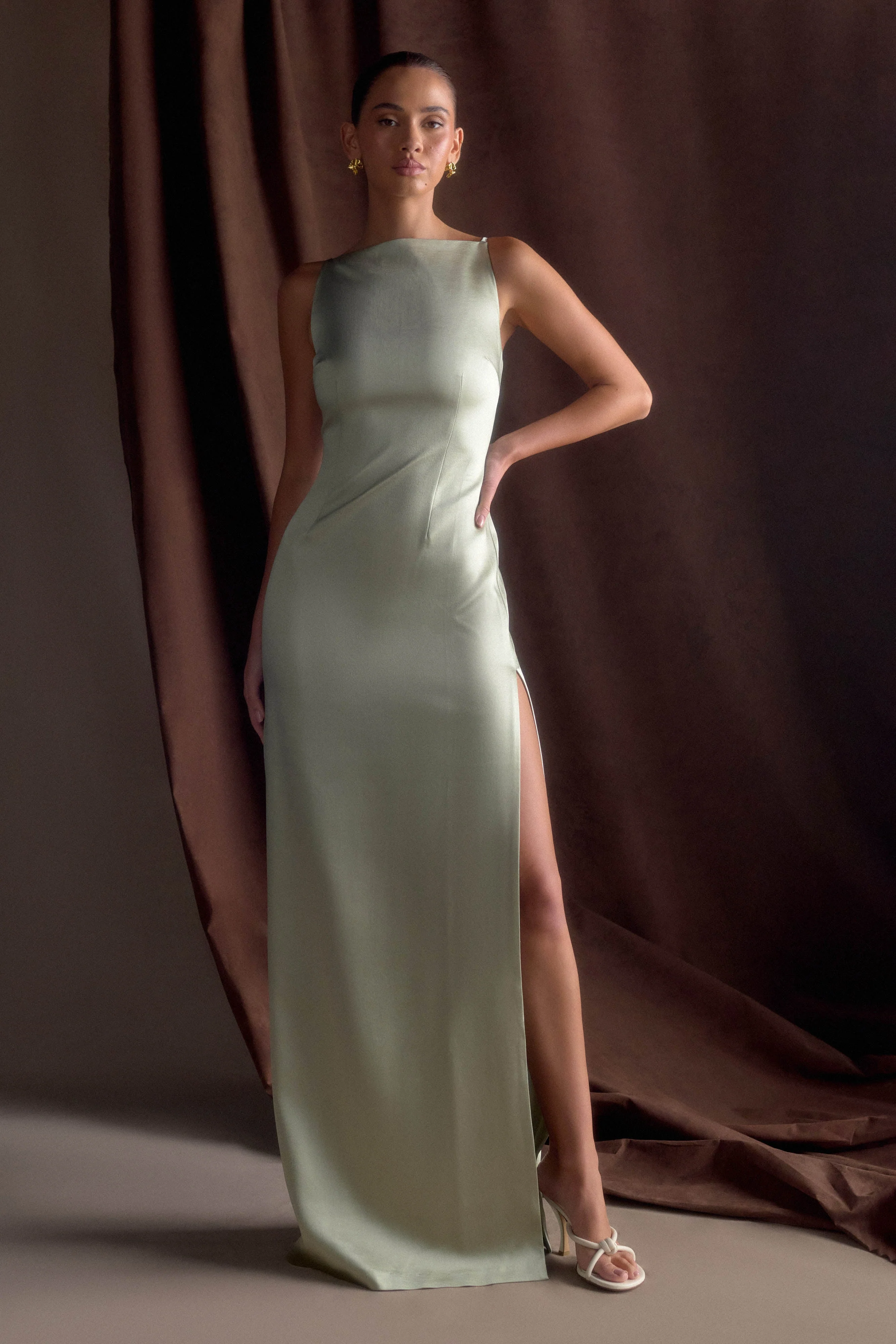Violet Sleeveless Satin Maxi Dress - Sage - Image 8