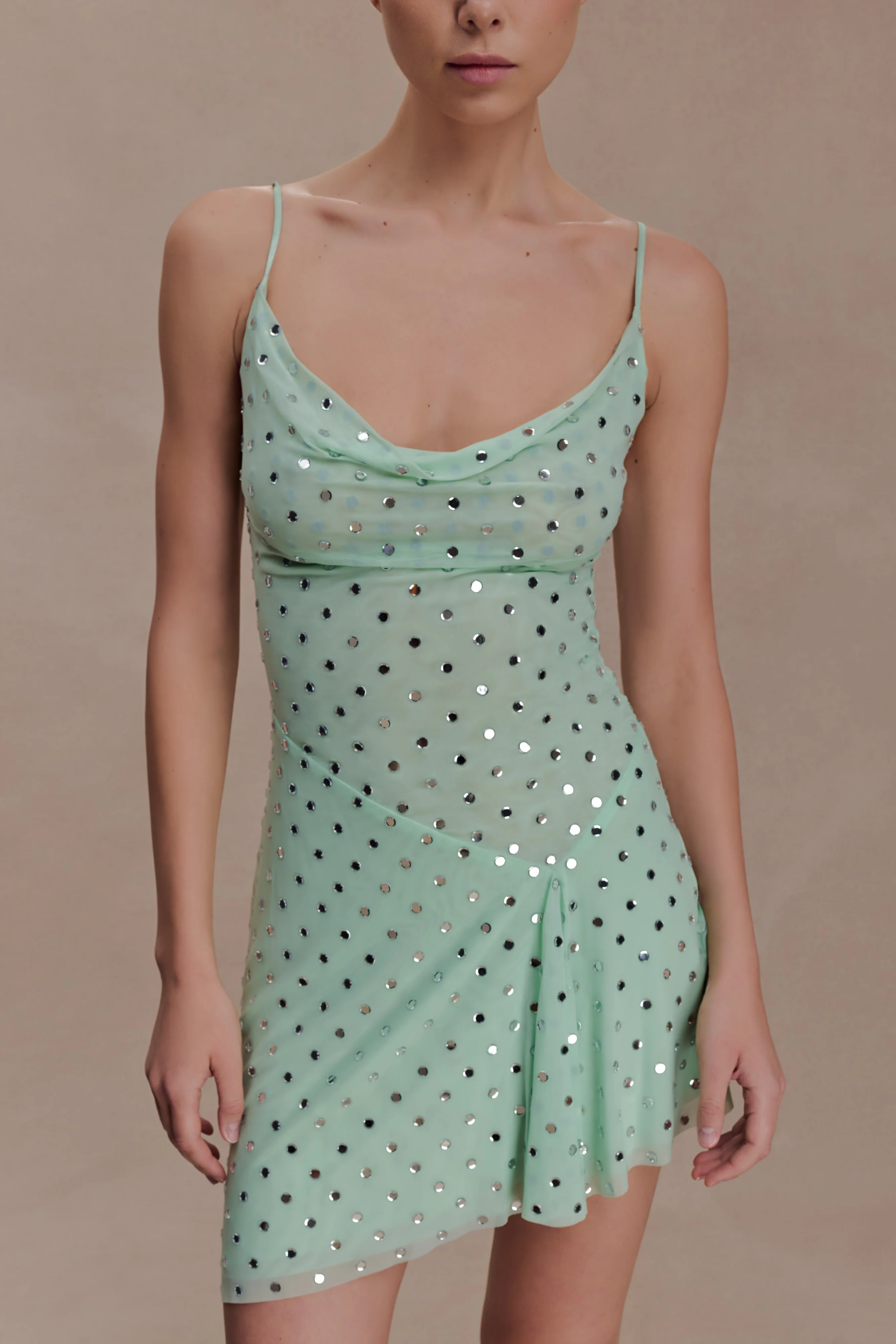Zahra Diamante Cowl Mini Dress - Mint - Image 3