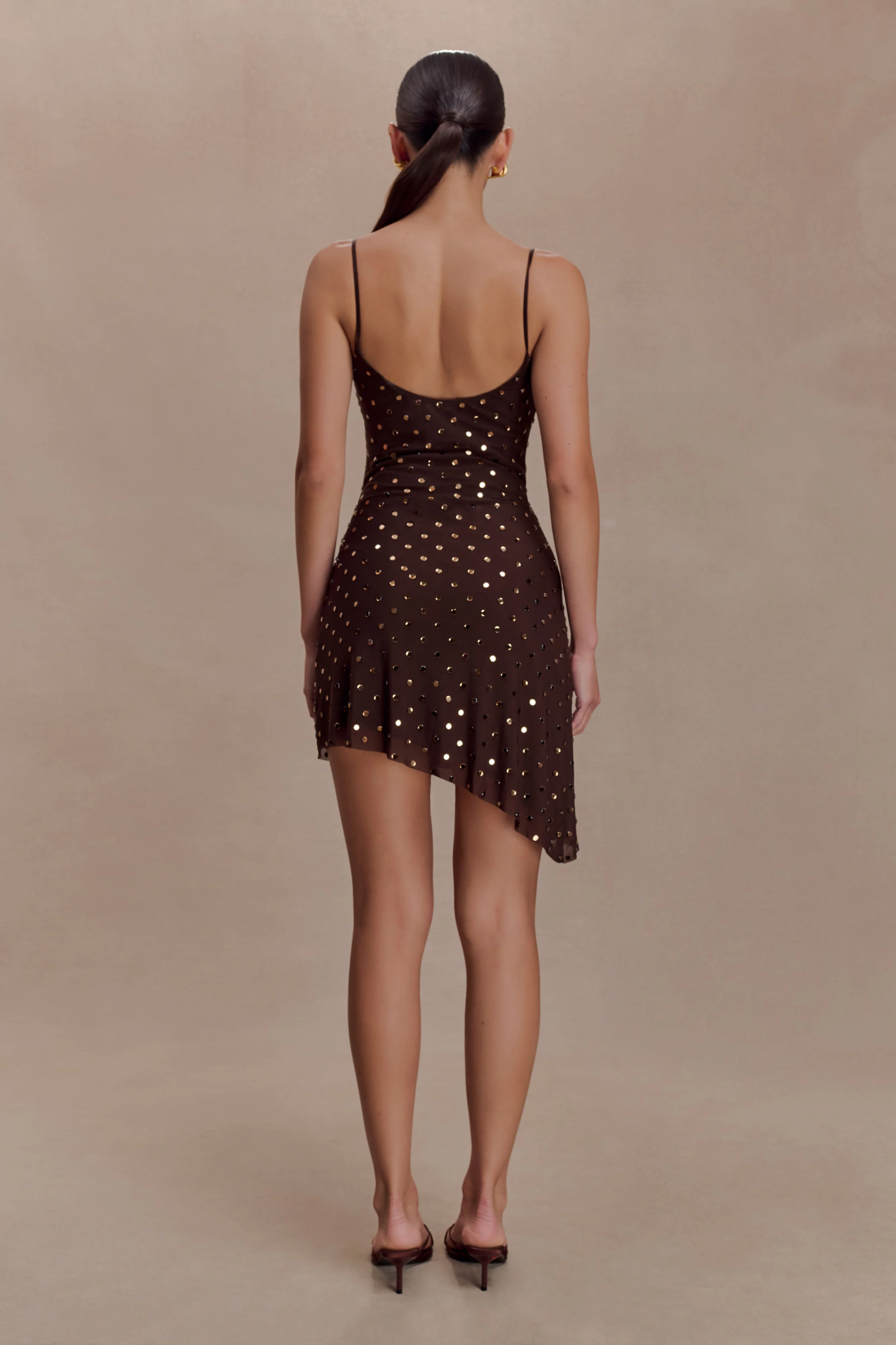 Zahra Diamante Cowl Mini Dress - Chocolate - Image 5