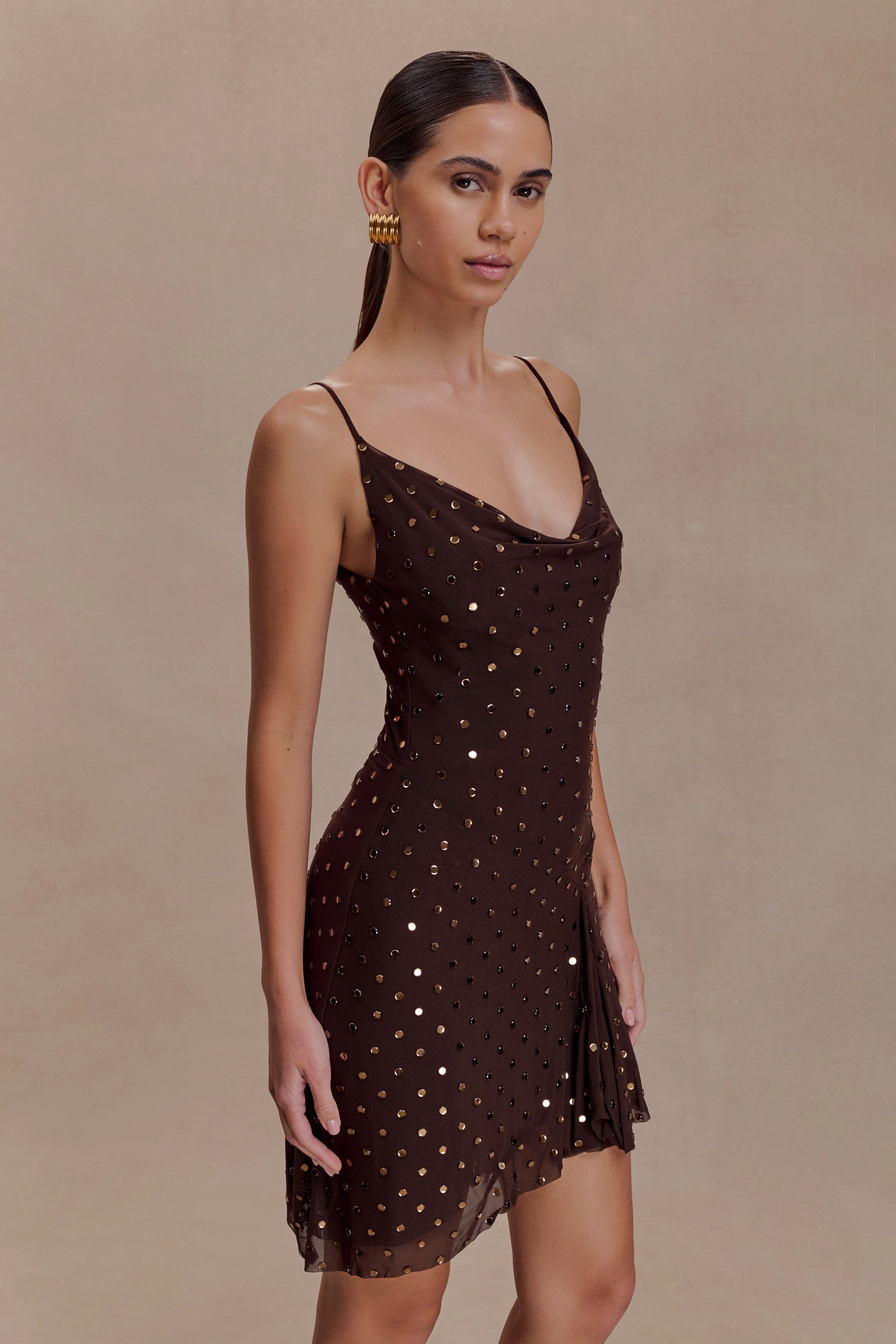 Zahra Diamante Cowl Mini Dress - Chocolate - Image 7