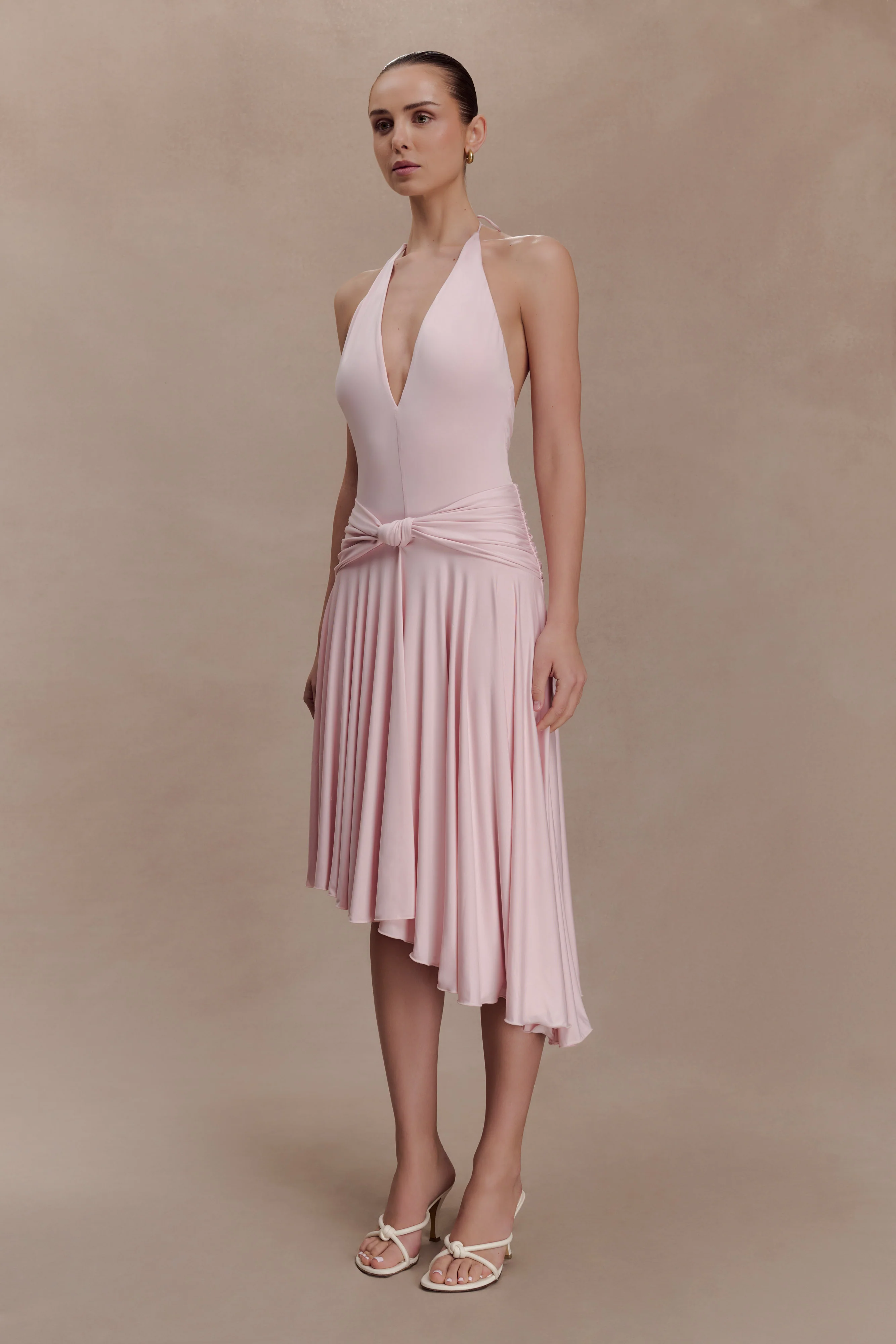 Zelda Asymmetric Slinky Midi Dress - Ballet Pink - Image 4