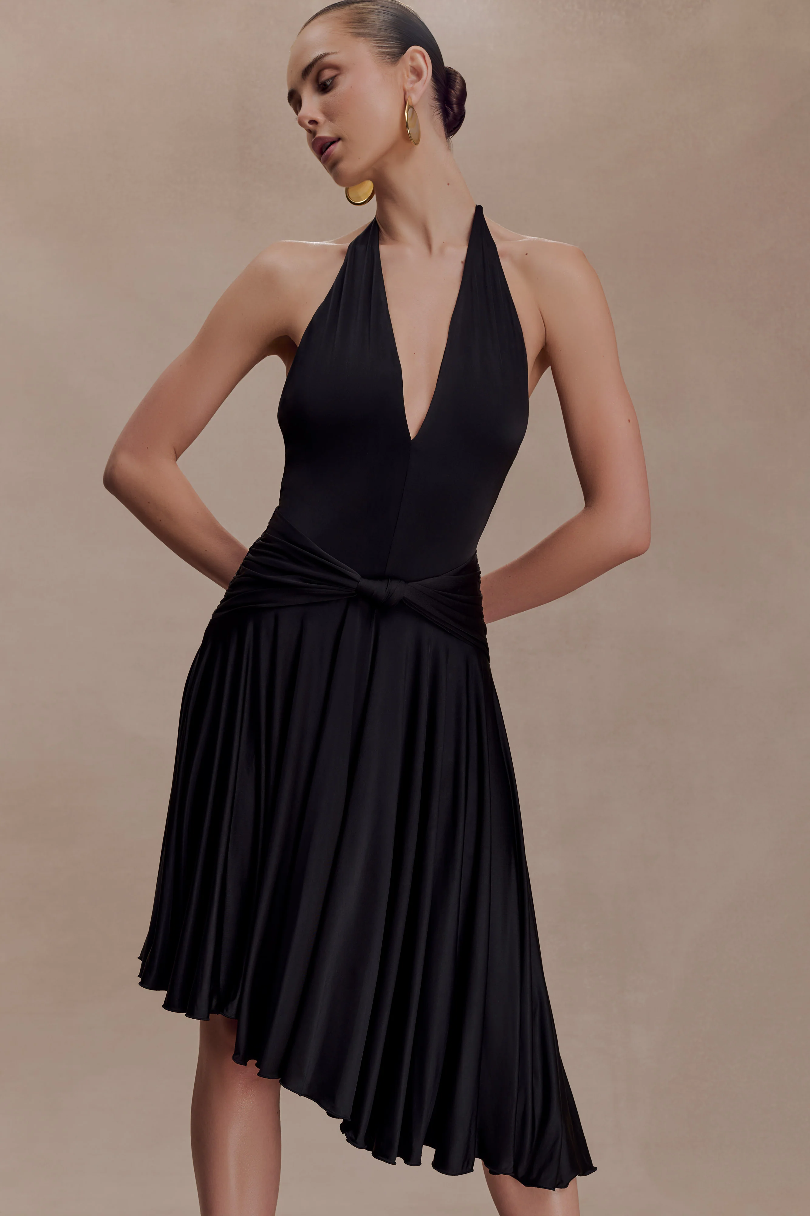 Zelda Asymmetric Slinky Midi Dress - Black - Image 3