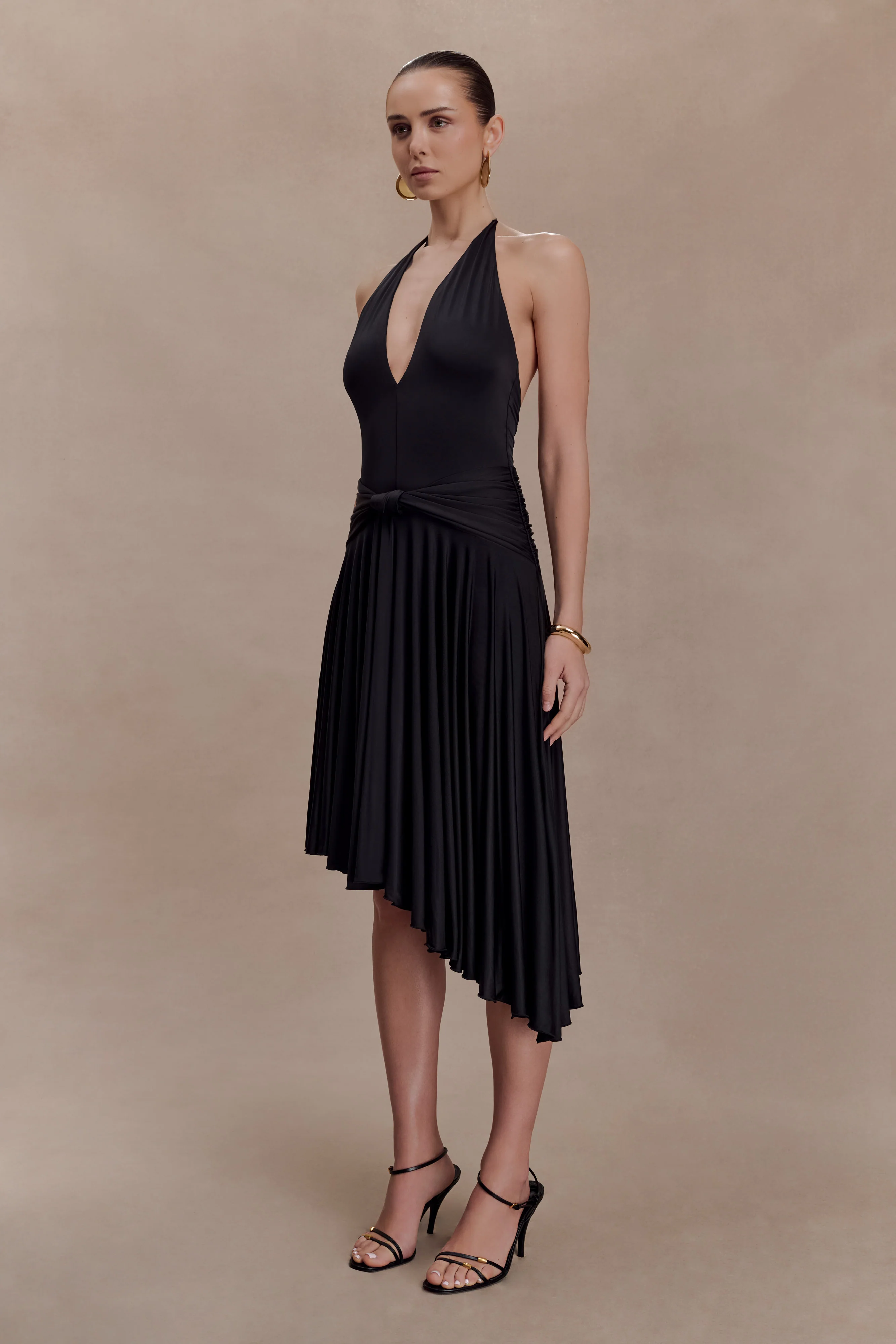 Zelda Asymmetric Slinky Midi Dress - Black - Image 4